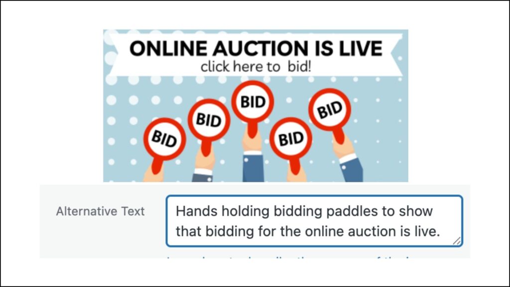 Hands holding bidding paddles with the alternative text box below the image.