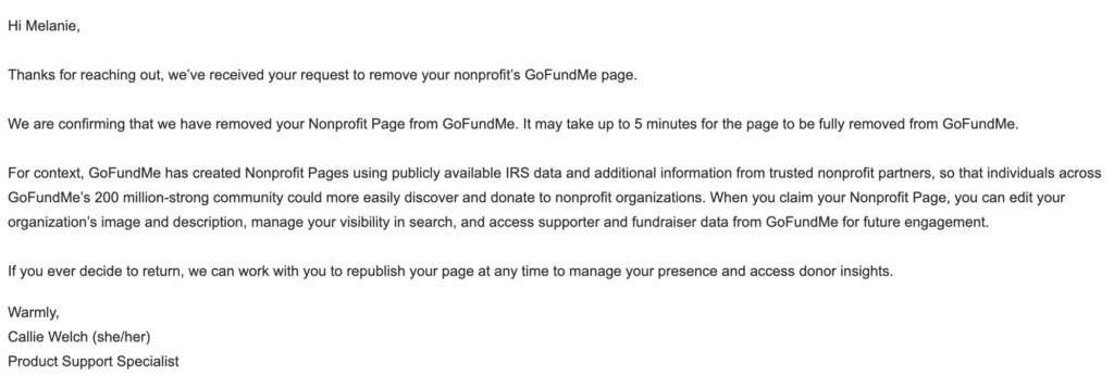 screenshot of email from GoFundMe